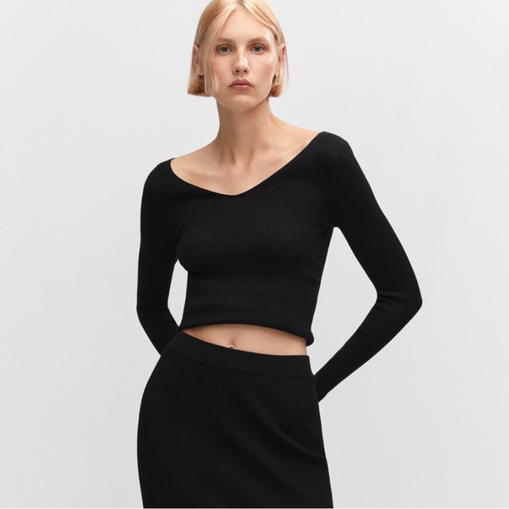 Mango Black Ribbed Knit Top